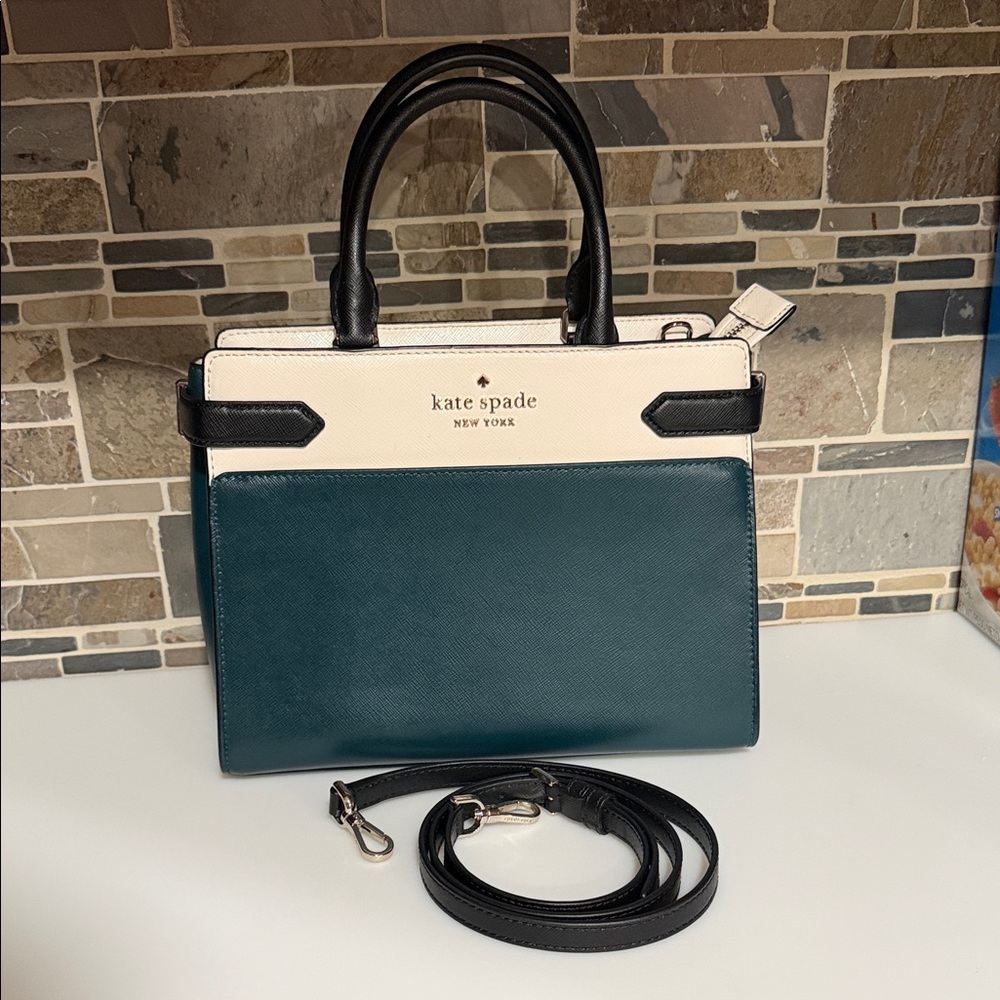 kate spade Teal, Cream and Black Leather Satchel with Strap